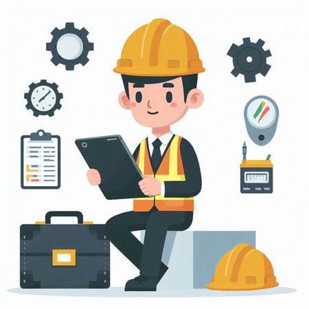 Engineer in helmet with digital tablet. Vector flat cartoon illustration.のイラスト素材
