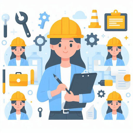 Engineer woman working with construction project. Vector illustration in flat styleのイラスト素材