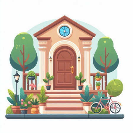 Vector illustration of a beautiful house with trees, flowers and plants.のイラスト素材