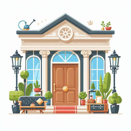 House facade with furniture and plants. Vector illustration in flat style.のイラスト素材