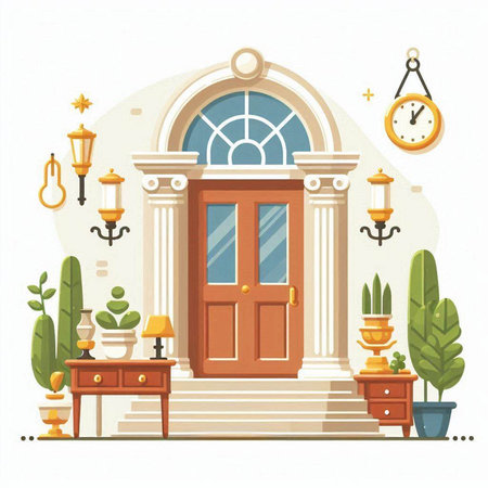 Vector illustration of entrance door with lamp, table, glass, vase, clock, lanterns, cactus, plant in pot.のイラスト素材