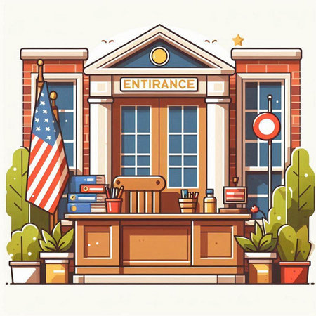 Illustration of an old school building with american flag and booksのイラスト素材