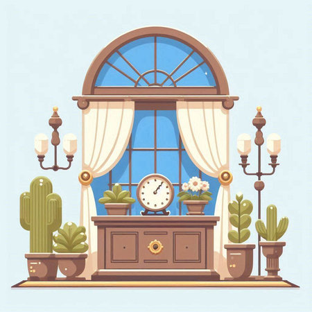 Illustration of a vintage window with a clock and a cactusのイラスト素材