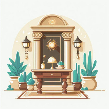 Vector illustration of a room with a fireplace, floor lamp and plants.のイラスト素材