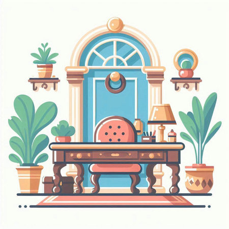 Vector illustration of a cozy room with furniture and plants. Flat style.のイラスト素材