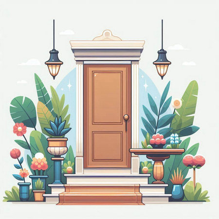 Vector illustration of a beautiful entrance to the house decorated with flowers.のイラスト素材