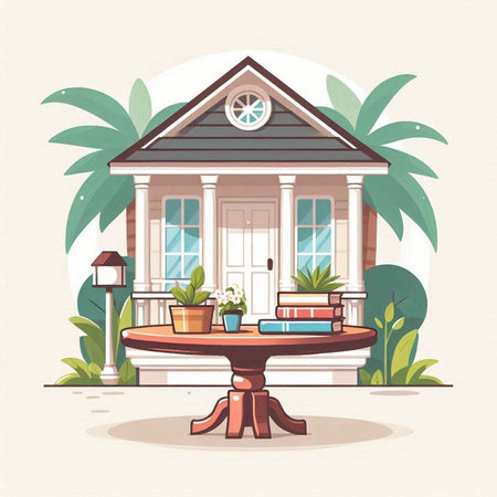 Vector illustration of a cozy house with a table and a chair.のイラスト素材
