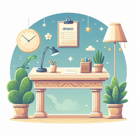 Office workplace. Workplace with books, laptop, coffee cup, lamp and plant. Flat style vector illustration.のイラスト素材
