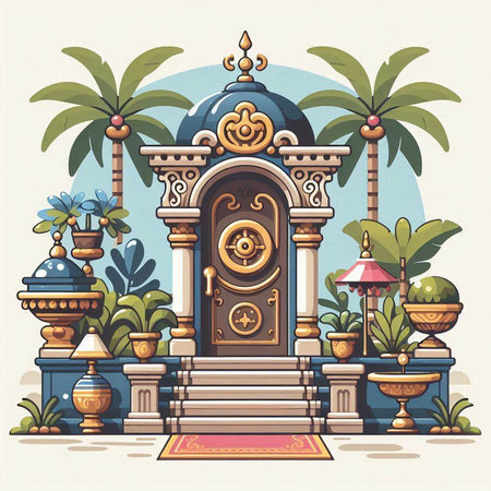Ornate entrance to the Hindu temple. Vector illustration in retro style.のイラスト素材