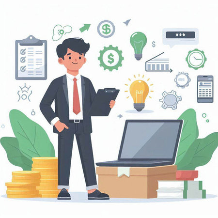 Businessman with laptop and stack of coins. Vector illustration in flat styleのイラスト素材