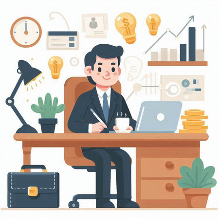 Businessman sitting at the desk and working with laptop. Vector illustration.のイラスト素材