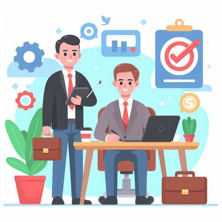 Businessman and businesswoman working together at office. Vector illustration in flat styleのイラスト素材