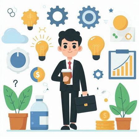 Businessman with a coffee cup. Vector illustration in flat cartoon styleのイラスト素材