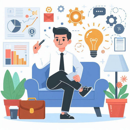 Businessman sitting on sofa in office, flat style vector illustration.のイラスト素材