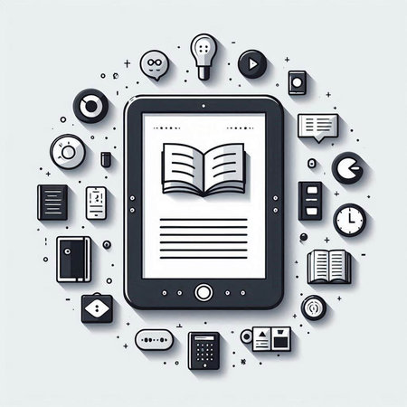 Tablet computer with e-book on screen. Vector illustration.のイラスト素材