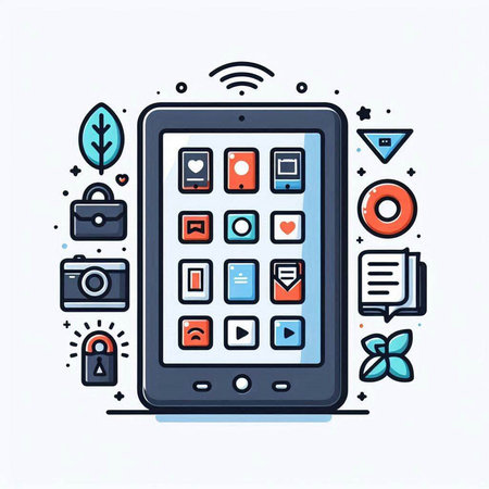 Smartphone with application icons. Vector illustration in line art style.のイラスト素材