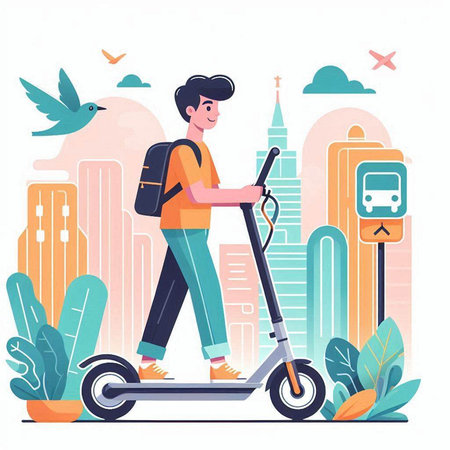 Young man riding electric scooter in the city. Flat vector illustration.のイラスト素材