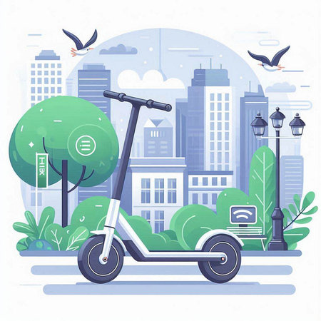 Modern electric scooter in the city. Eco transport. Vector illustration.のイラスト素材