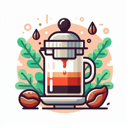 Coffee maker with beans and leaves. Vector flat illustration.のイラスト素材