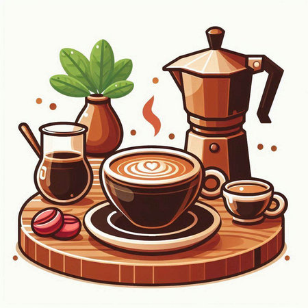 Coffee cup and moka pot on wooden table. Vector illustrationのイラスト素材