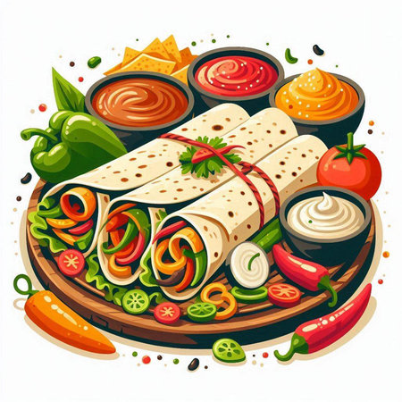Mexican tortilla wrap with vegetables and sauces. Vector illustration.のイラスト素材
