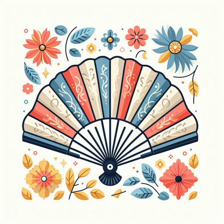 Folding fan with floral pattern. Vector illustration in retro style.のイラスト素材