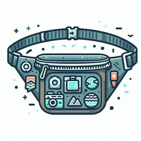 Hand drawn vector illustration or drawing of a travel bag with a camera and a mapのイラスト素材
