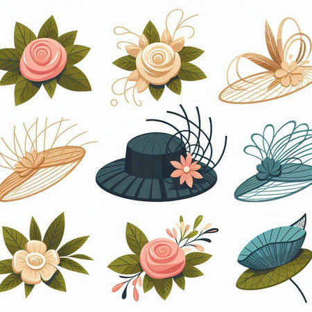 Illustration of a set of vintage hats with flowers and leaves.のイラスト素材