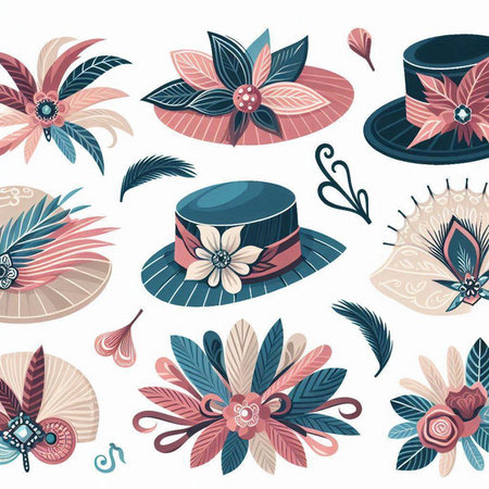 Vector set of hand drawn vintage hats with feathers and flowers. Vector illustration.のイラスト素材