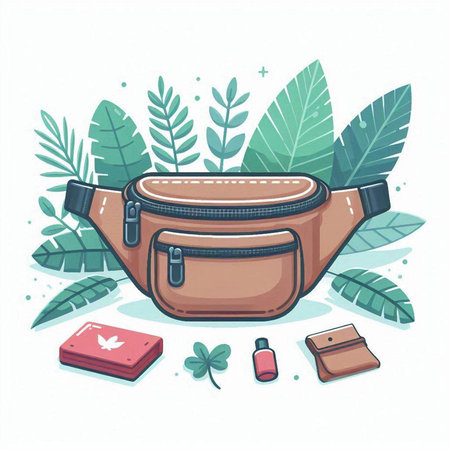 Cosmetic bag with cosmetics and leaves. Vector illustration in cartoon style.のイラスト素材
