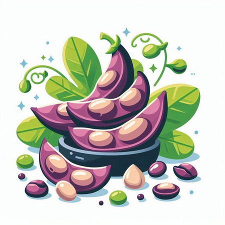Vector illustration of soybeans in a bowl with leaves and seeds.のイラスト素材