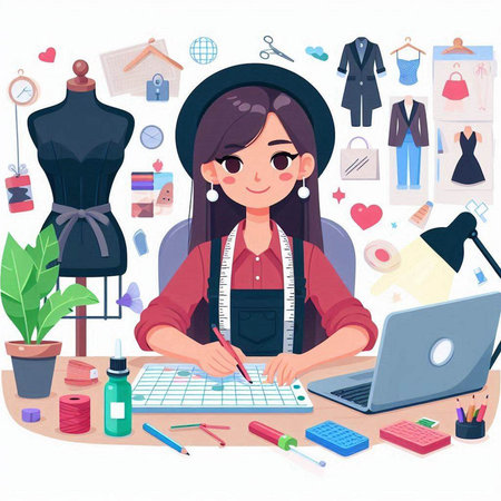 Fashion designer working at her workplace. Vector illustration in cartoon style.のイラスト素材