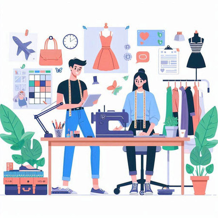 Tailor and fashion designer working at the studio. Vector illustrationのイラスト素材
