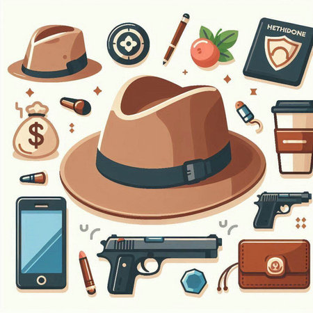 Vector illustration of a detective hat, gun, wallet, cigar, mobile phone and other items.のイラスト素材