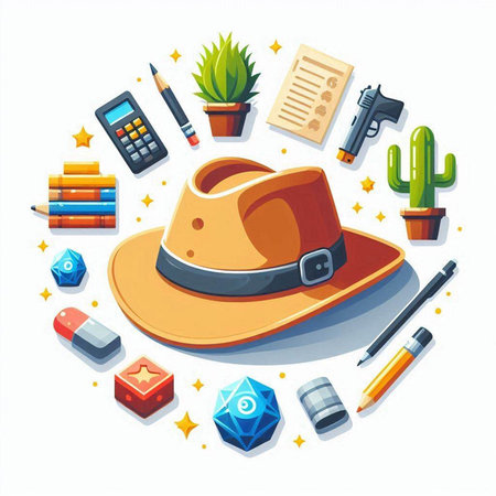 Cowboy hat, cactus, dice, pen, calculator and other items. Vector illustrationのイラスト素材