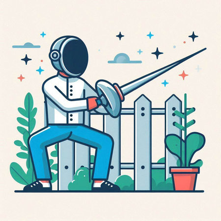 Fencing. Vector illustration of a man in a helmet with a sword.のイラスト素材
