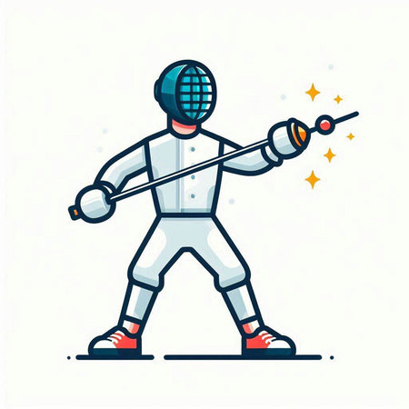 Fencing sport flat vector illustration. Fencing athlete with a sword and shield isolated on white background.のイラスト素材