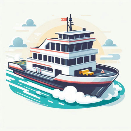 Ferry boat in the sea. Vector illustration in flat style.のイラスト素材
