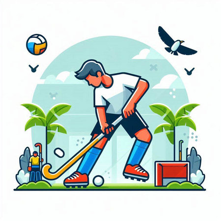 Vector illustration of a man playing golf on the beach. Flat style design.のイラスト素材