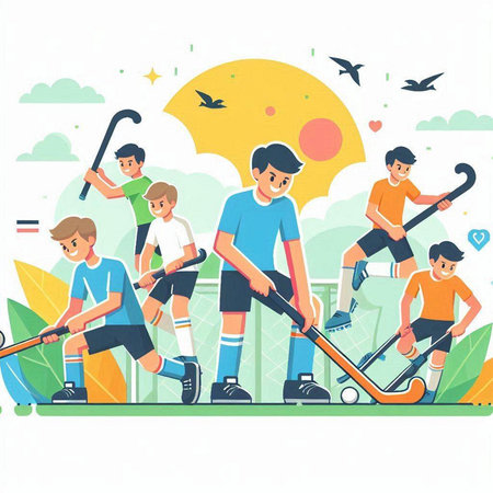 Group of children playing hockey. Flat style vector illustration. Children playing hockey.のイラスト素材