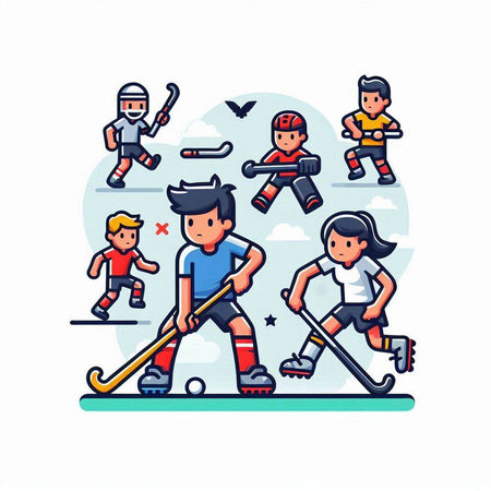 Ice hockey players in line art style. Vector flat cartoon illustration.のイラスト素材