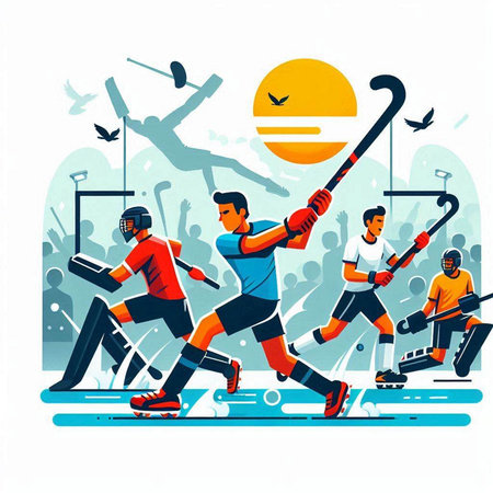 Group of people playing hockey. Vector illustration in a flat style.のイラスト素材