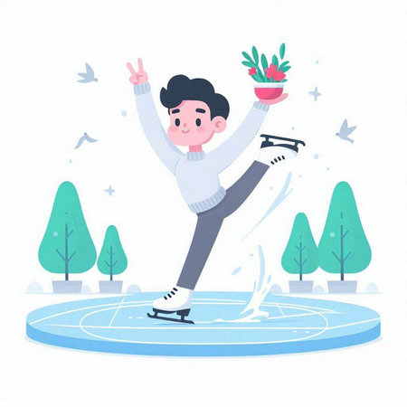 Man skating on ice rink. Winter sport. Vector illustration in cartoon styleのイラスト素材