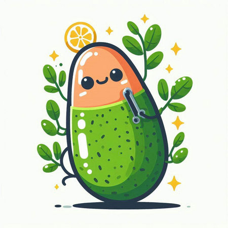 Cute kawaii avocado fruit character. Vector flat cartoon illustrationのイラスト素材