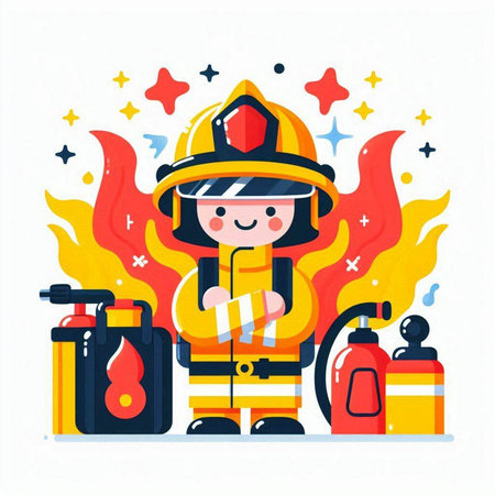 Firefighter character with fire extinguisher. Flat style vector illustration.のイラスト素材