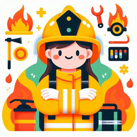 Firefighter girl in uniform with tools. Flat style vector illustration.のイラスト素材