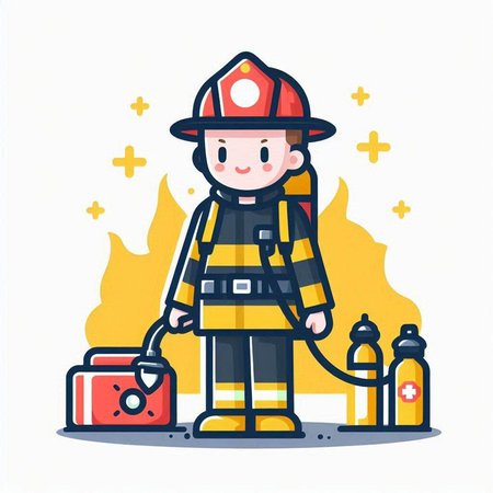 Firefighter with hose and extinguisher in flat style. Vector illustrationのイラスト素材