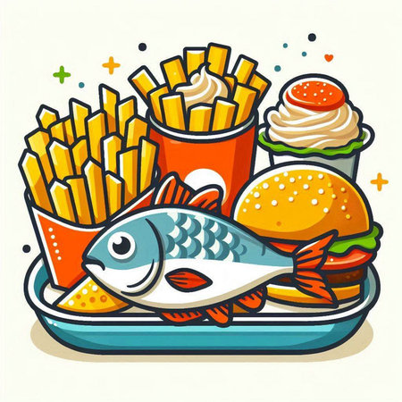 Illustration of fresh fish, french fries and hamburgers.のイラスト素材