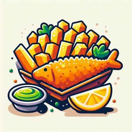 Illustration of fish and chips in bowl. Vector illustration of fish and chips.のイラスト素材