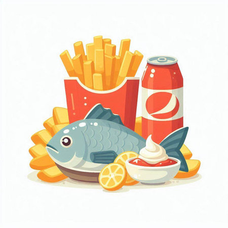Illustration of fresh fish, chips and soda can on white backgroundのイラスト素材